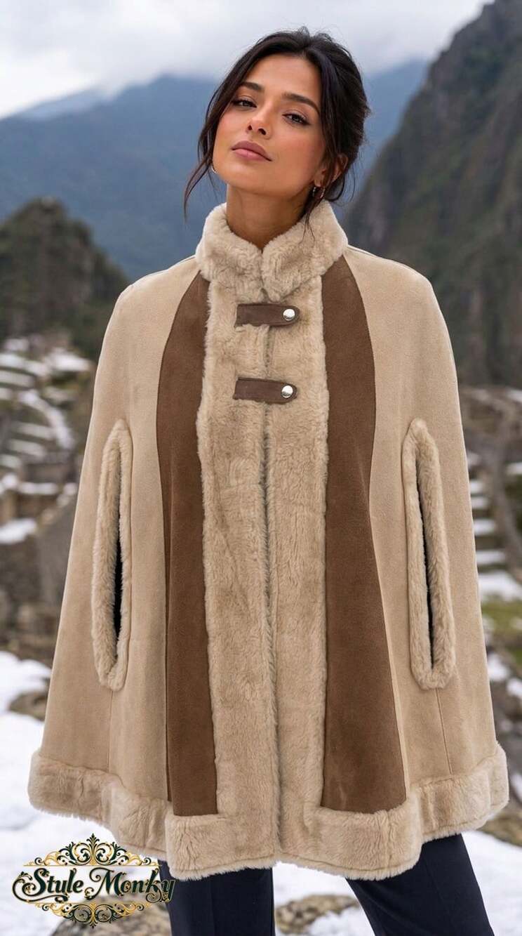 Vintage Faux Fur and Genuine Leather Cape Tan Brown